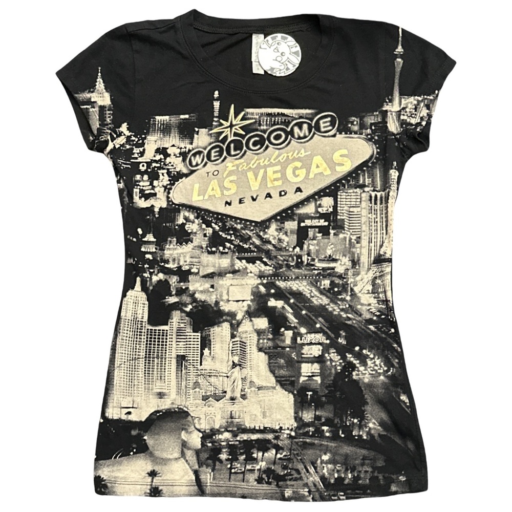 VINTAGE LAS VEGAS cute black/gold graphic baby tee, size s - fits small (xs-s).